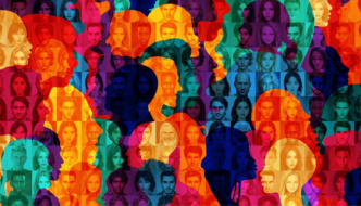 mural colorido composto de fotos de caras de mulheres e homens