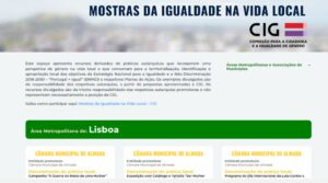 Imagem da página dedicadas às Mostras da Igualdade na Vida Local, nome da iniciativa no topo, logo da CIG, descrição da iniciativa, Área Metropolitana de Lisboa sobre uma barra verde, três colunas com a Câmara Municipal de Almada e a descrição dos produtos apresentados