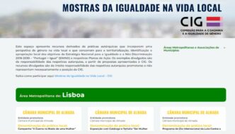 Imagem da página dedicadas às Mostras da Igualdade na Vida Local, nome da iniciativa no topo, logo da CIG, descrição da iniciativa, Área Metropolitana de Lisboa sobre uma barra verde, três colunas com a Câmara Municipal de Almada e a descrição dos produtos apresentados