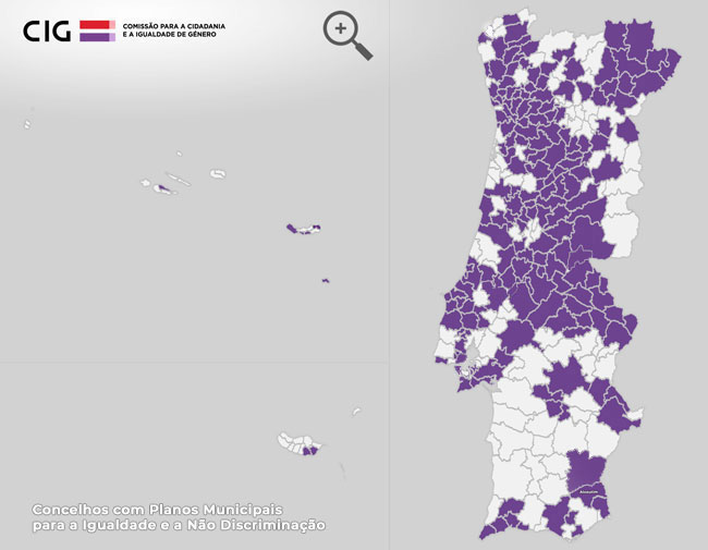 Lista dos Concelhos com Planos Municipais para a Igualdade disponível em formato PDF por baixo do Mapa dos Concelhos com Planos Municipais para a Igualdade