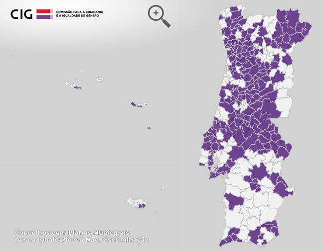 Lista dos Concelhos com Planos Municipais para a Igualdade disponível em formato PDF por baixo do Mapa dos Concelhos com Planos Municipais para a Igualdade